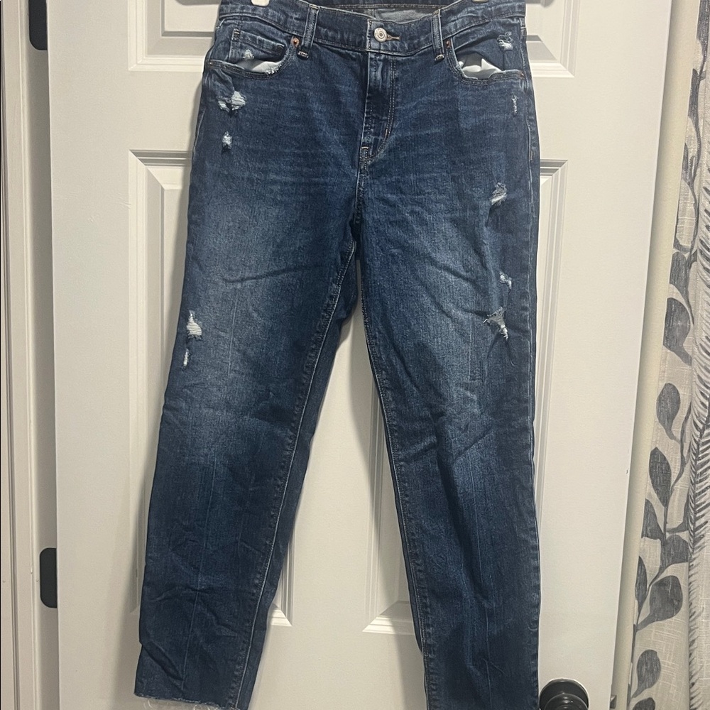 Old Navy Dark Blue Distressed Straight Leg Jeans